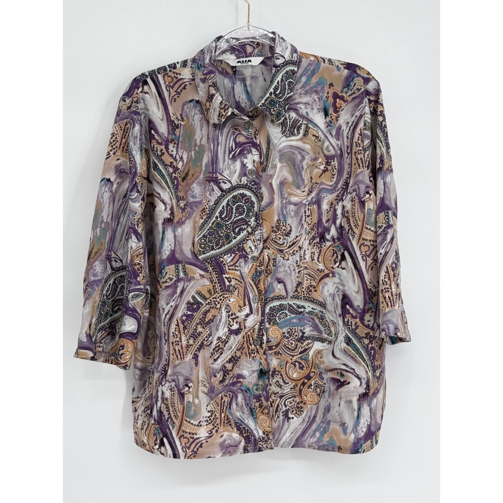 Alia Petites‎ Womens Purple Paisley Marble Print 3/4 Sleeve Button Down Sz XL